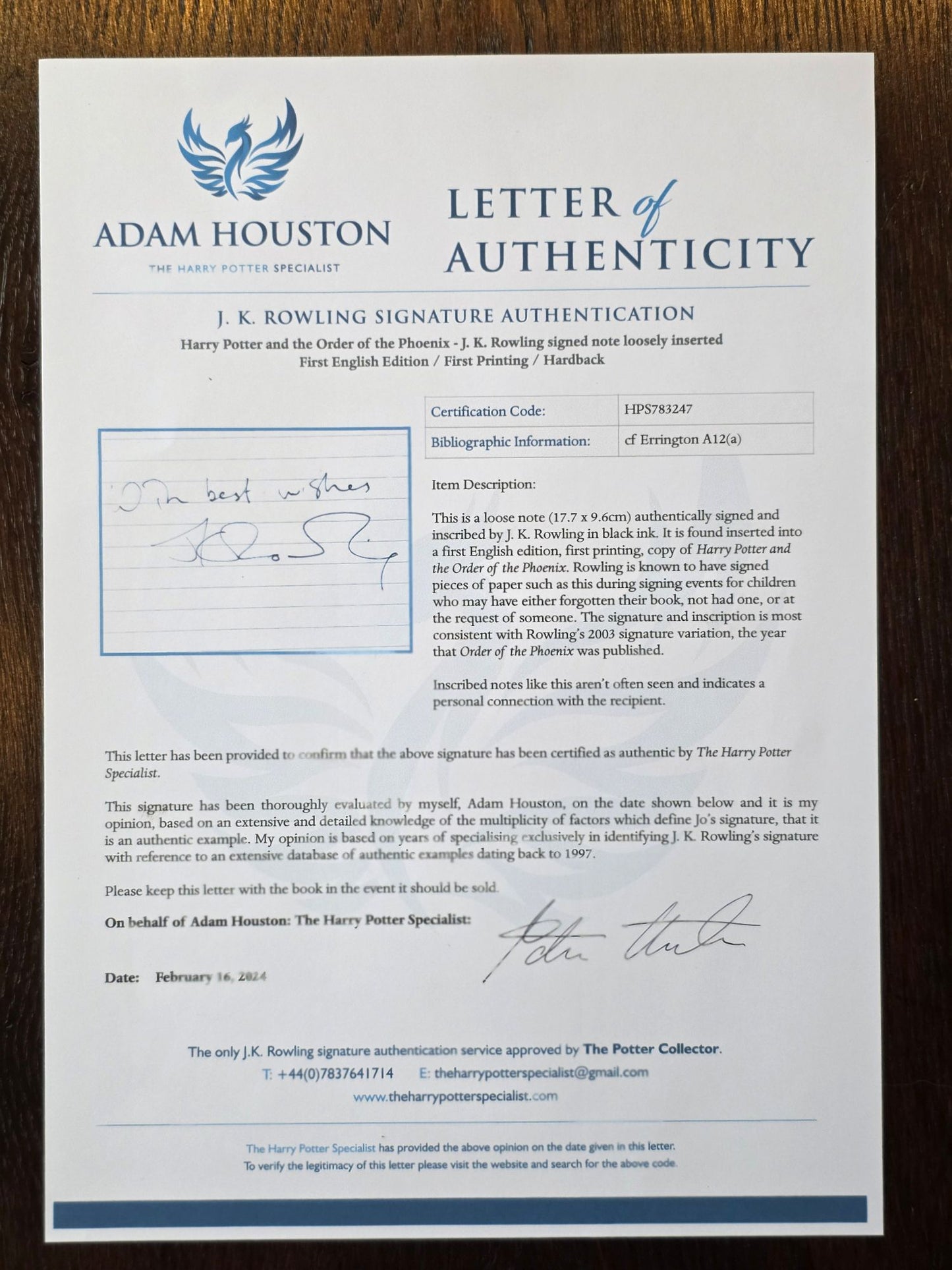 Harry Potter and Order of the Phoenix - signed on note – Fully authenticated