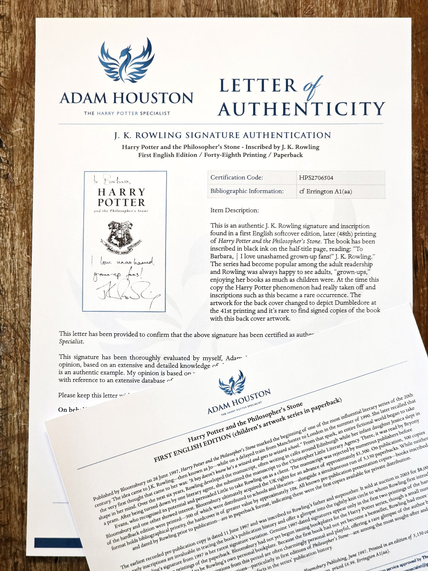 Harry Potter and the Philosopher’s Stone – signed with a historically significant inscription