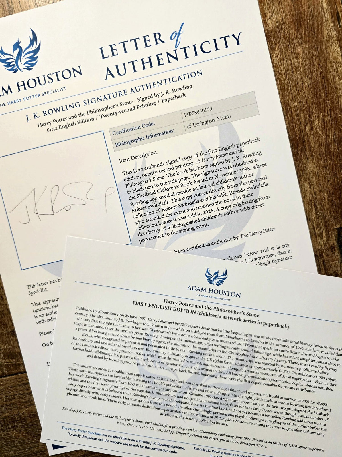 Harry Potter and the Philosopher's Stone – Signed Association Copy from Carnegie Medal Winner Robert Swindells