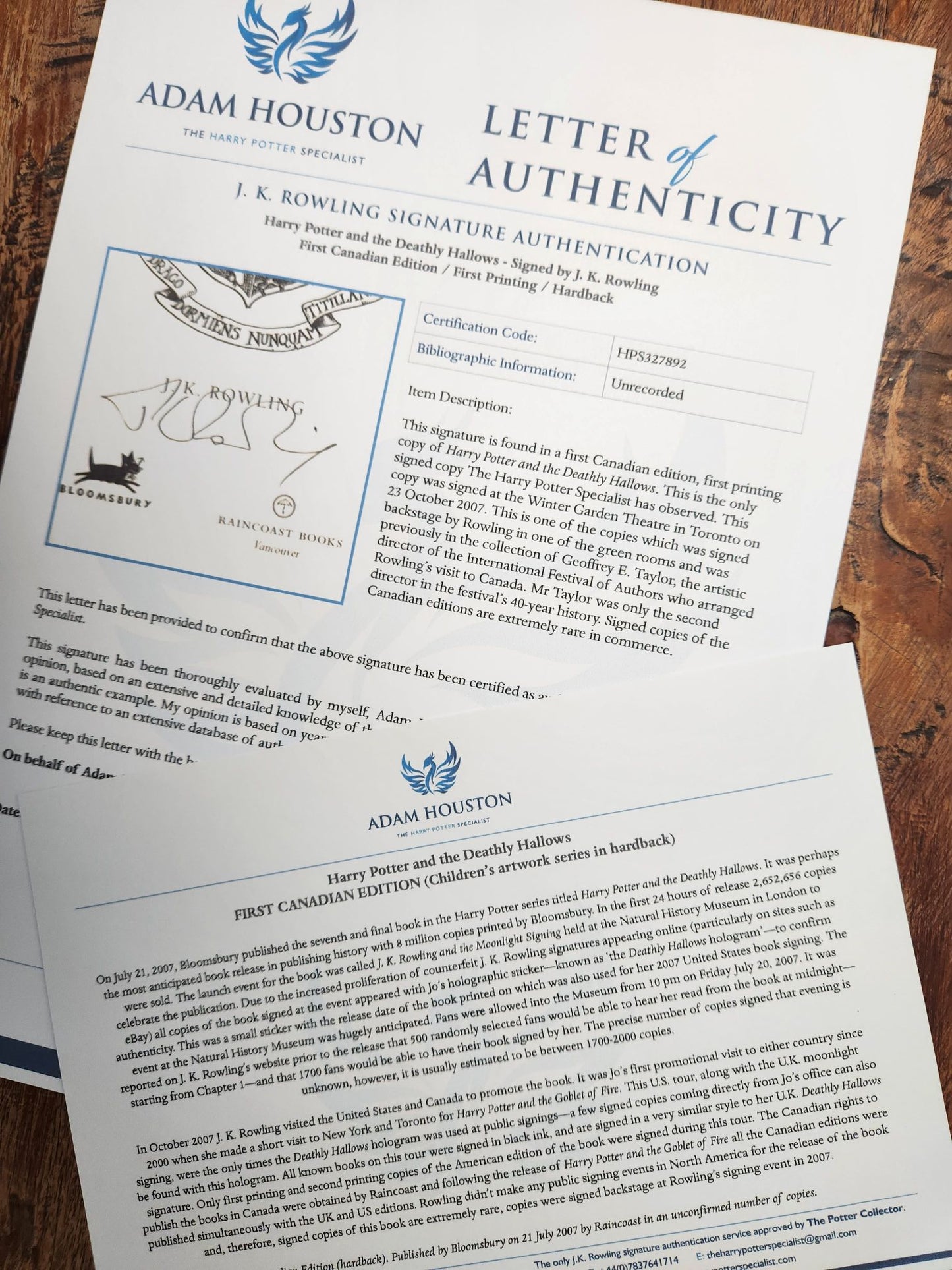 Harry Potter and the Deathly Hallows – Signed Canadian association copy