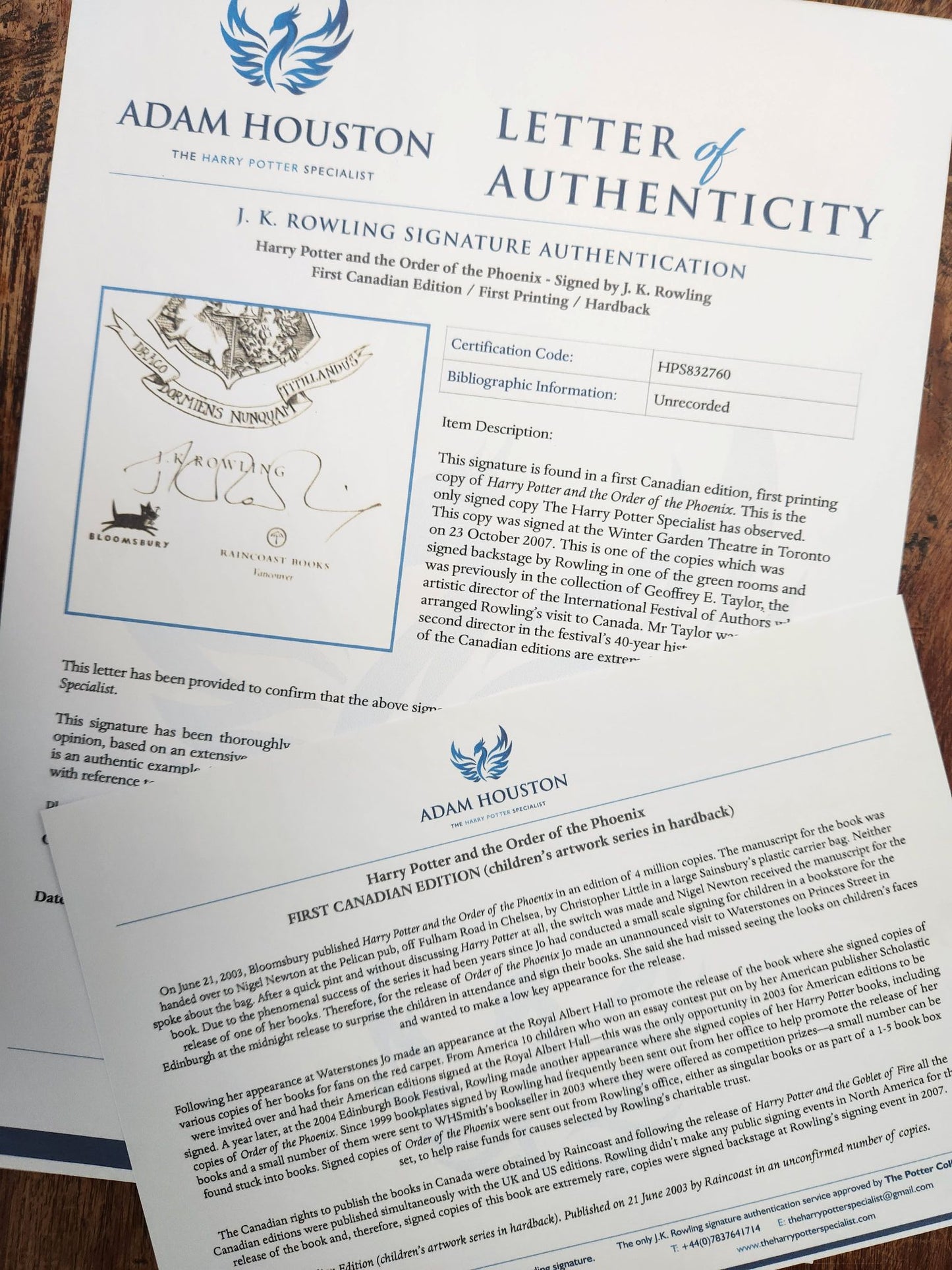 Harry Potter and the Order of the Phoenix – Signed association copy