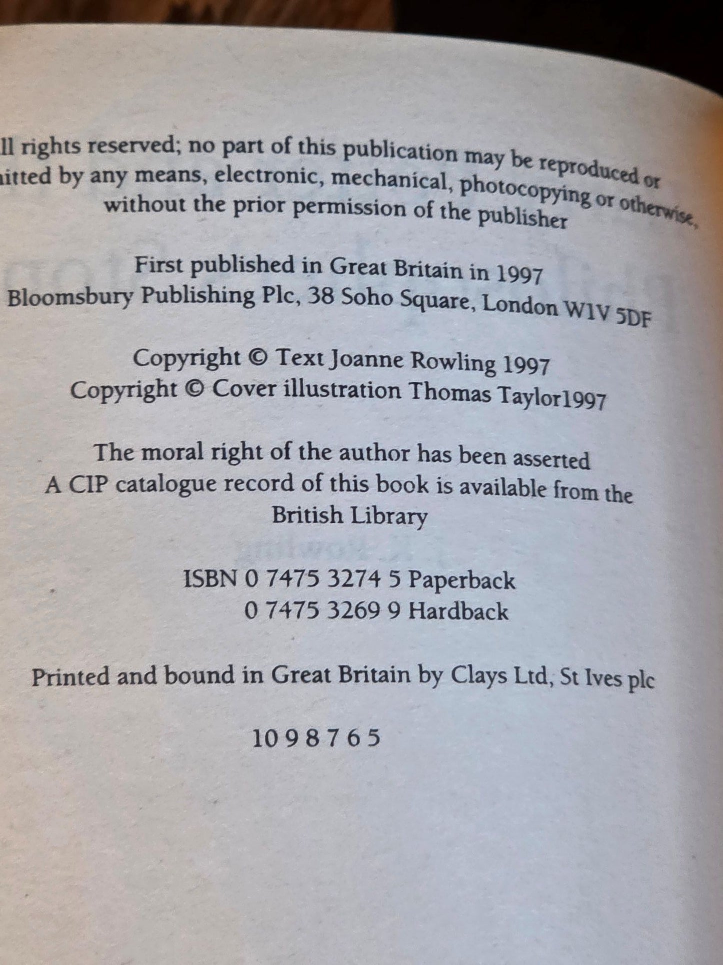 Harry Potter and the Philosopher's Stone - first edition, fifth printing - Wendy Cooling quote