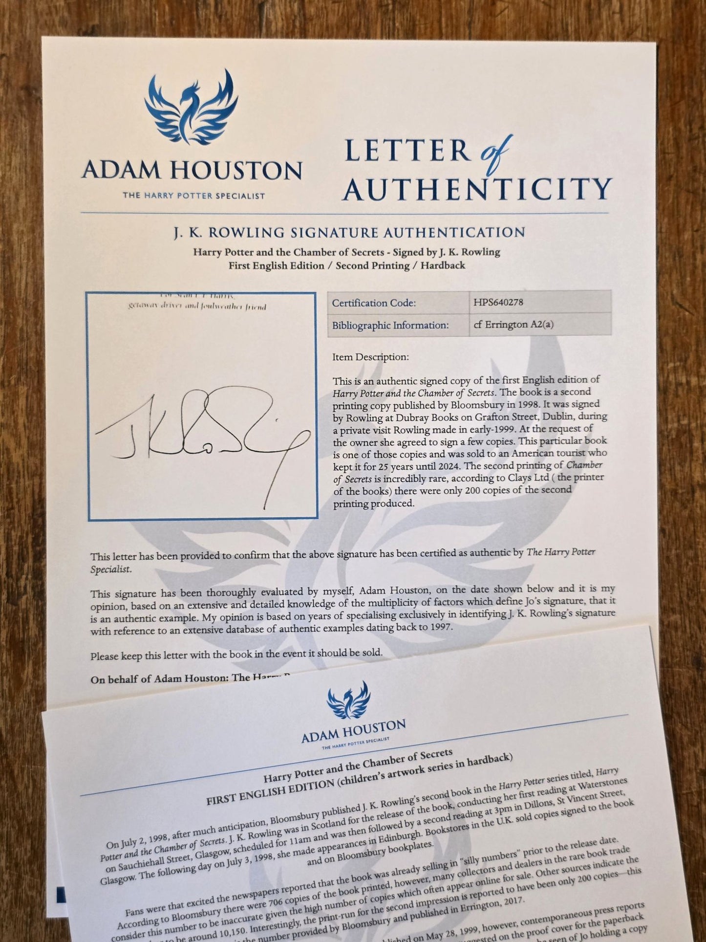 Harry Potter and the Chamber of Secrets – rare signed first edition, second impression