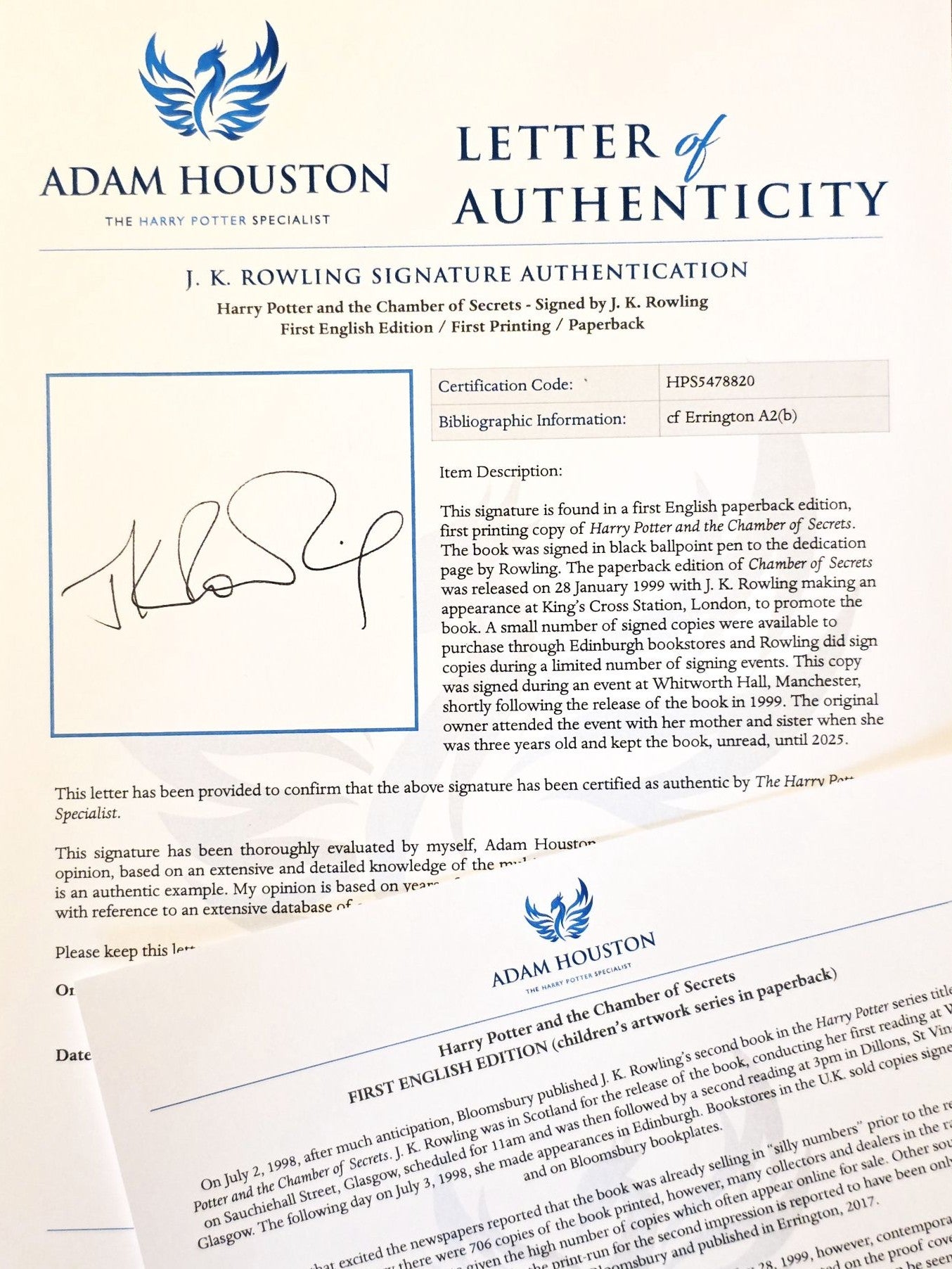 Harry Potter and the Chamber of Secrets – Near pristine signed first edition, first printing