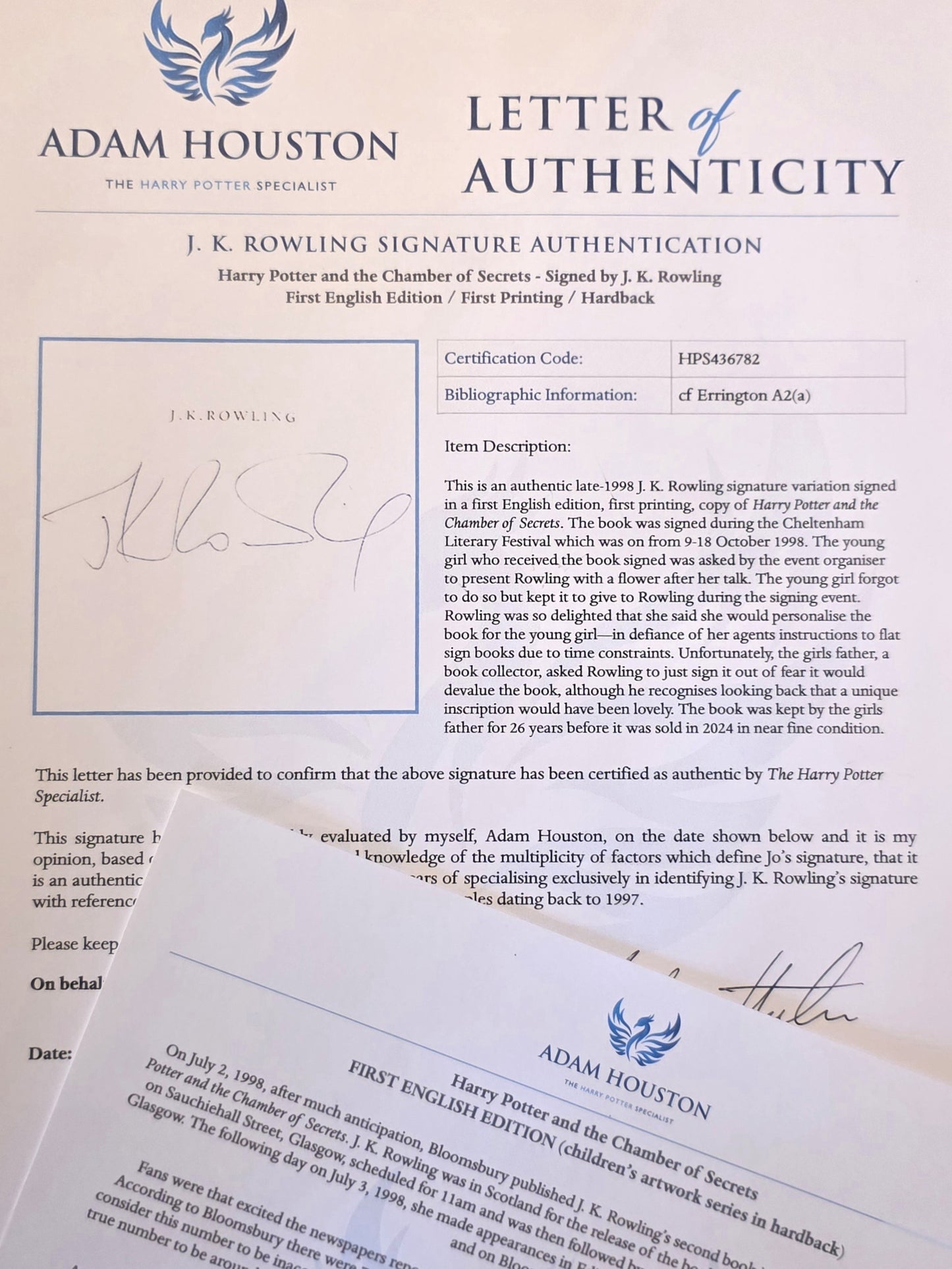 Harry Potter and the Chamber of Secrets First Printing – Signed