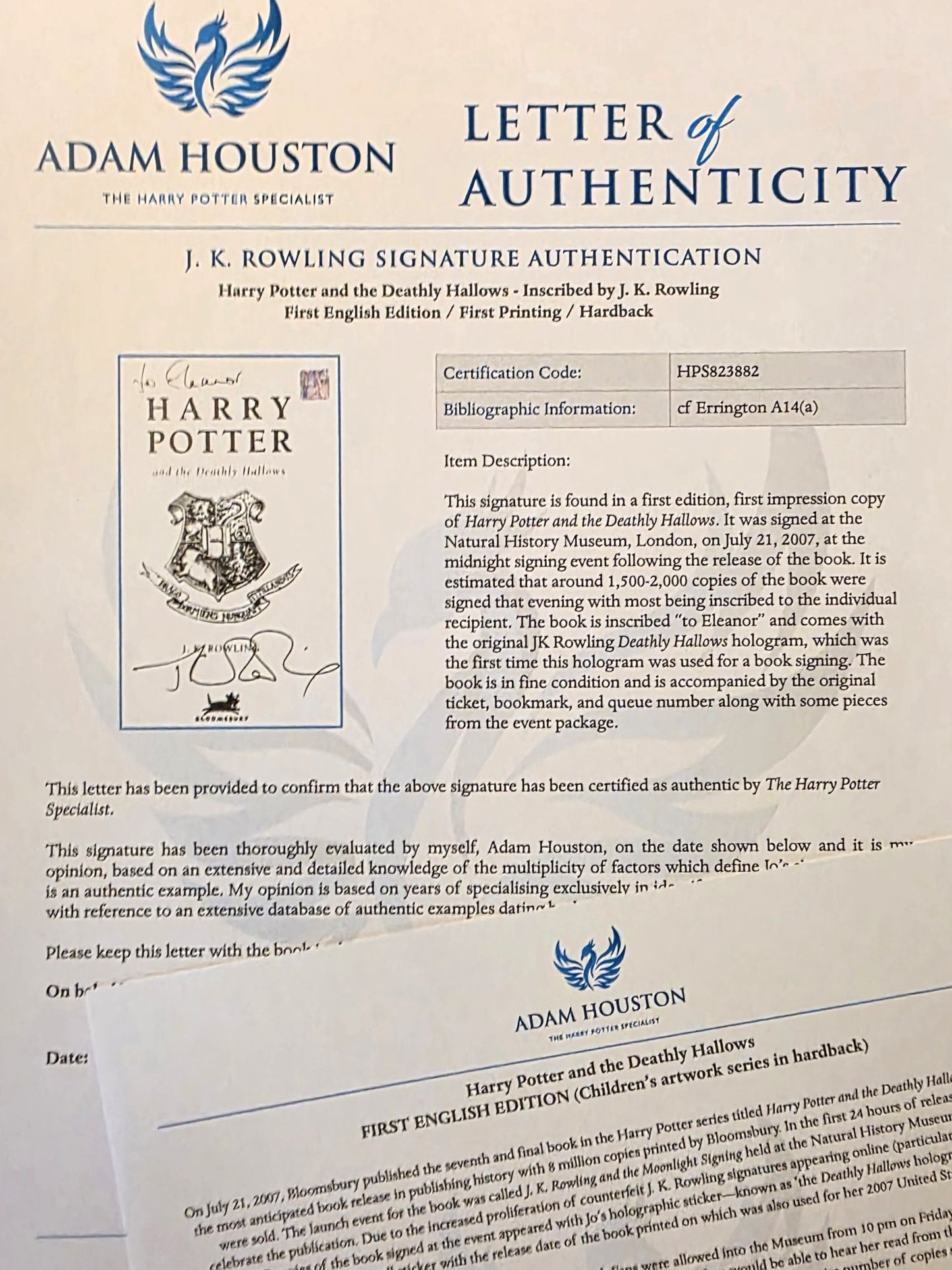 Harry Potter and the Deathly Hallows – Inscribed and signed with Ephemera