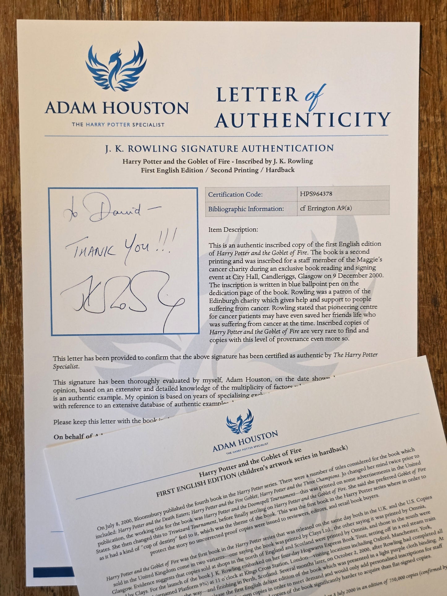 Harry Potter and the Goblet of Fire – inscribed association copy