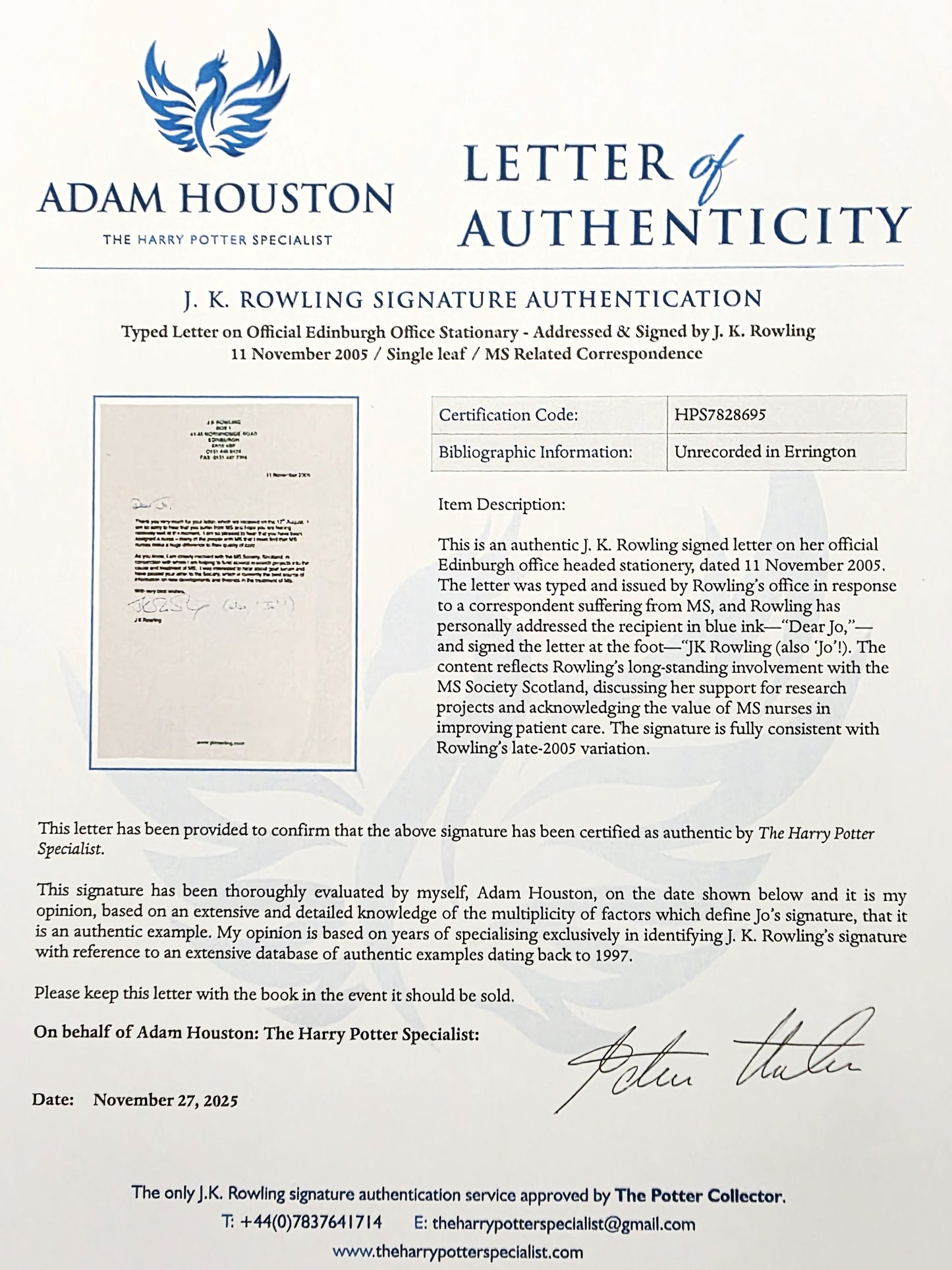 J.K. ROWLING – A deeply personal Typed Letter Signed (TLS) relating to Multiple Sclerosis (2005)