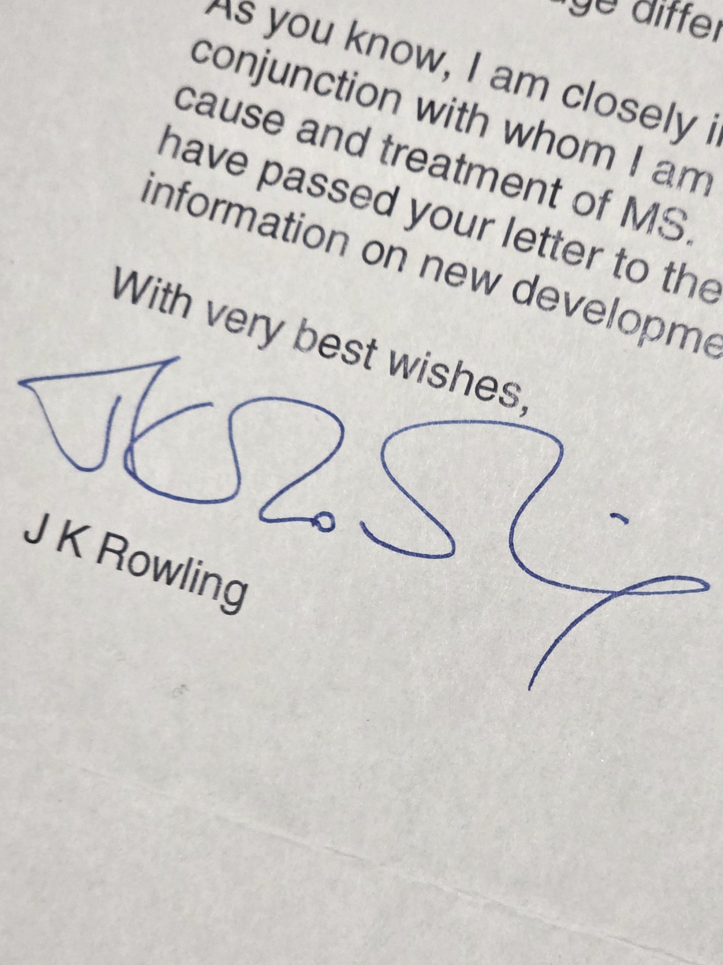 J.K. ROWLING – A deeply personal Typed Letter Signed (TLS) relating to Multiple Sclerosis (2005)