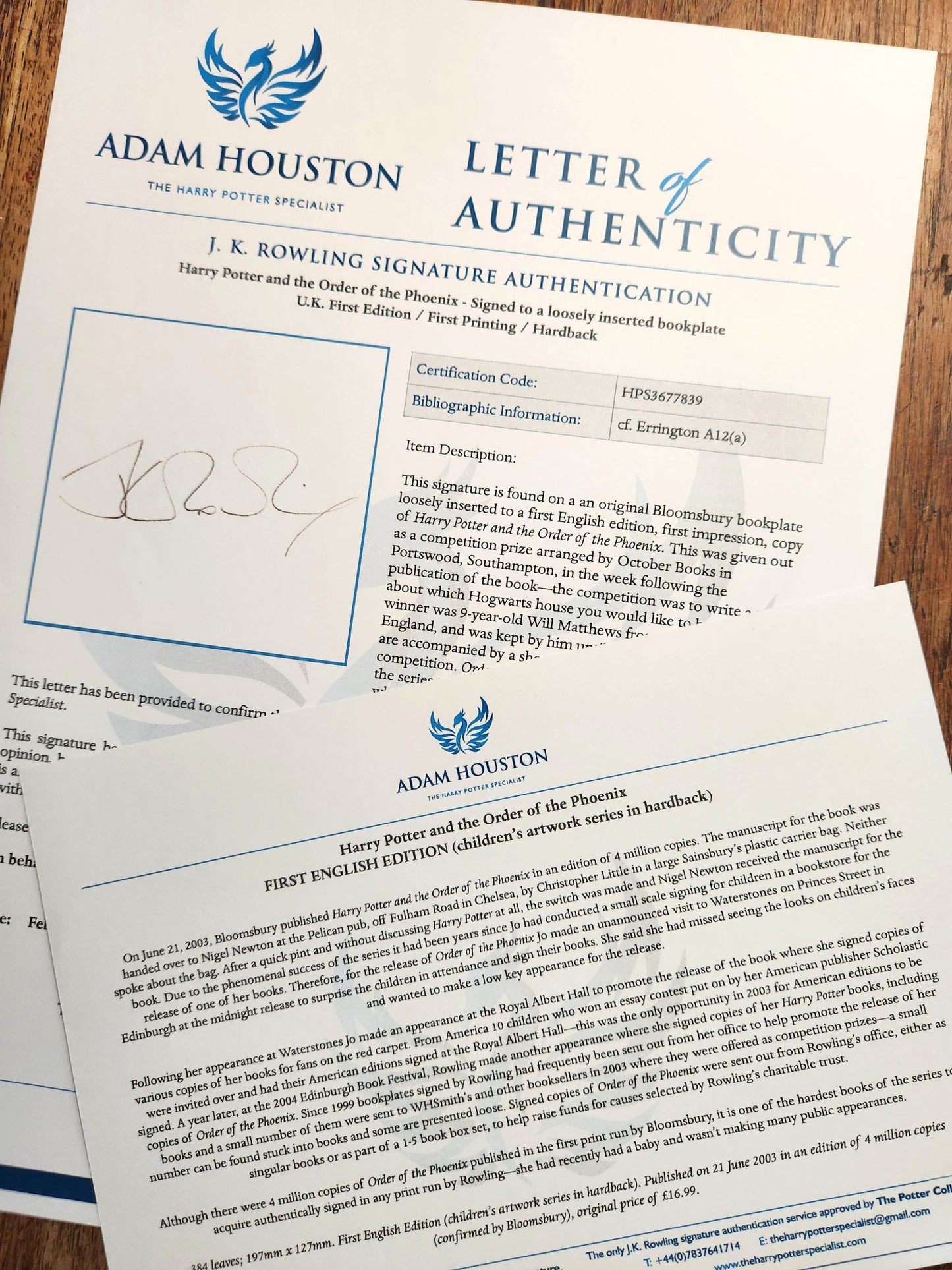 Harry Potter and the Order of the Phoenix – Signed on loosely inserted bookplate