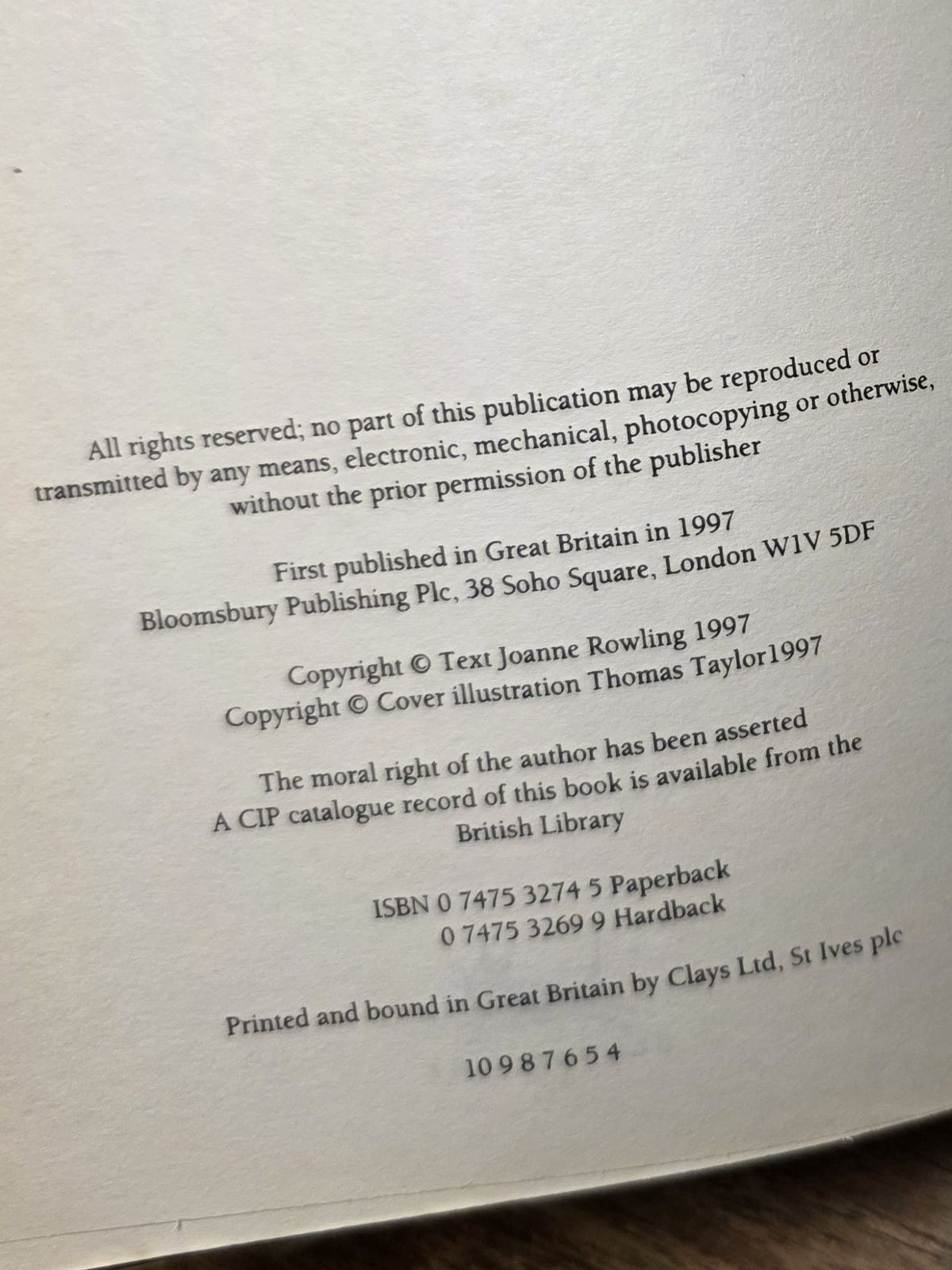 Harry Potter and the Philosopher's Stone – First UK edition, fourth hardback printing