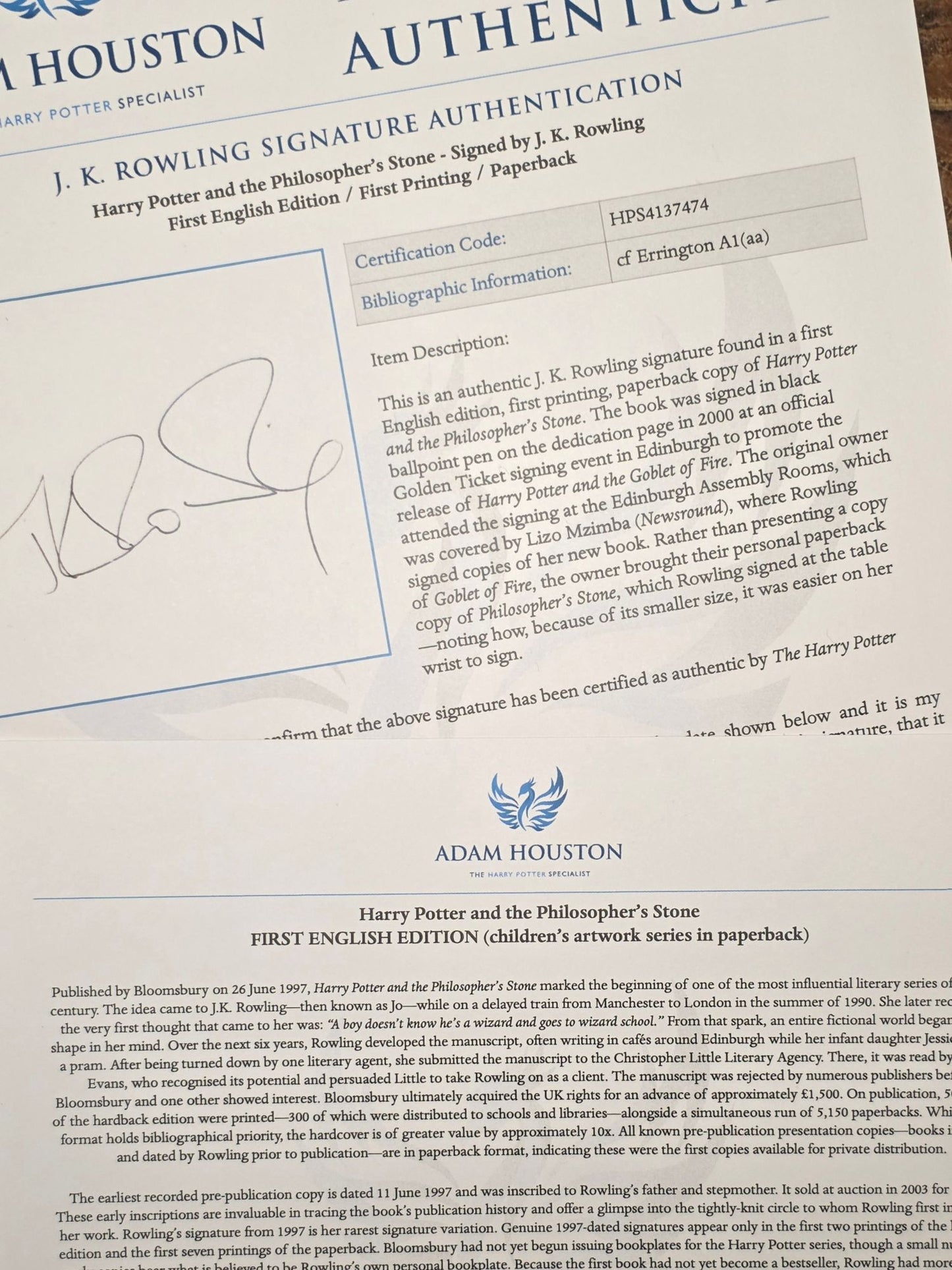 Harry Potter and the Philosopher's Stone - First Paperback Printing - Signed