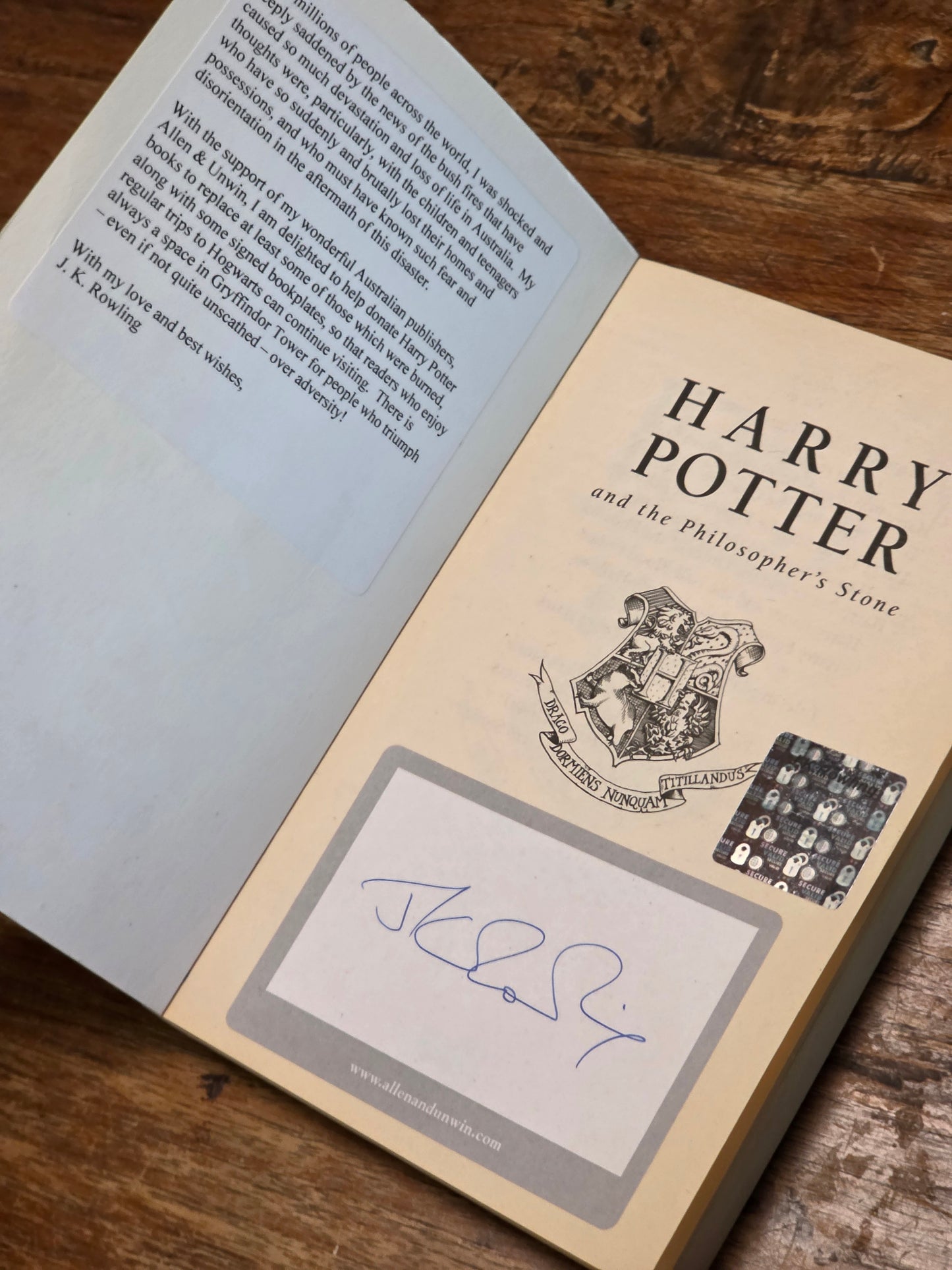Harry Potter and the Philosopher's Stone - signed Black Saturday bushfire relief copy
