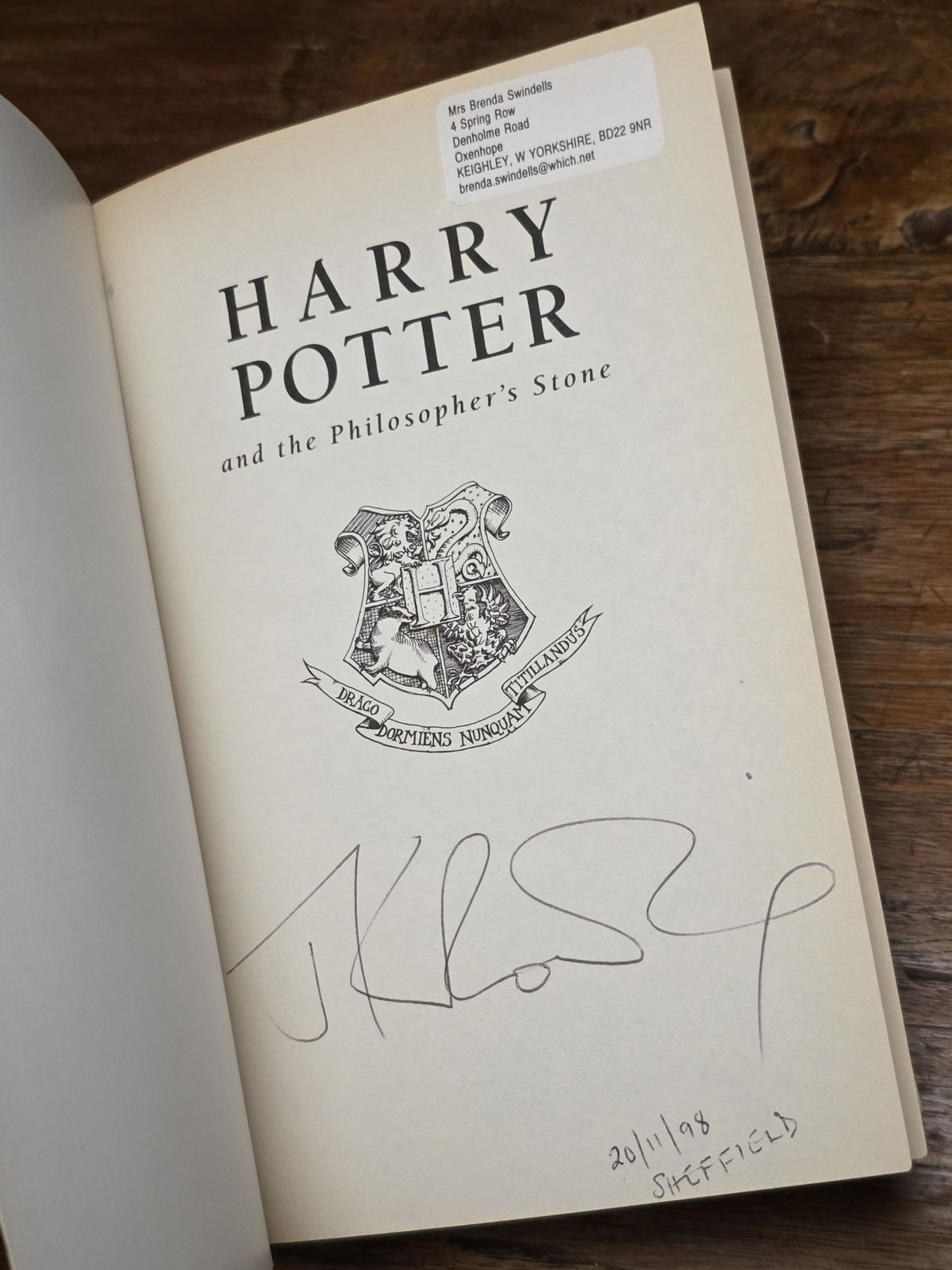 Harry Potter and the Philosopher's Stone – Signed Association Copy from Carnegie Medal Winner Robert Swindells