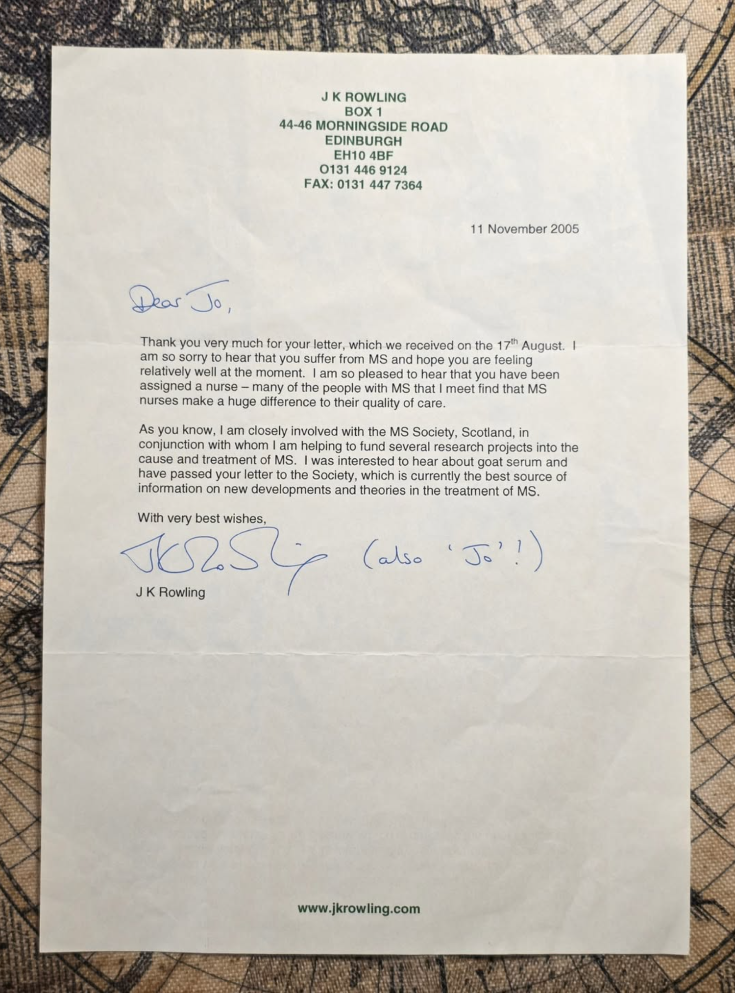 J.K. ROWLING – A deeply personal Typed Letter Signed (TLS) relating to Multiple Sclerosis (2005