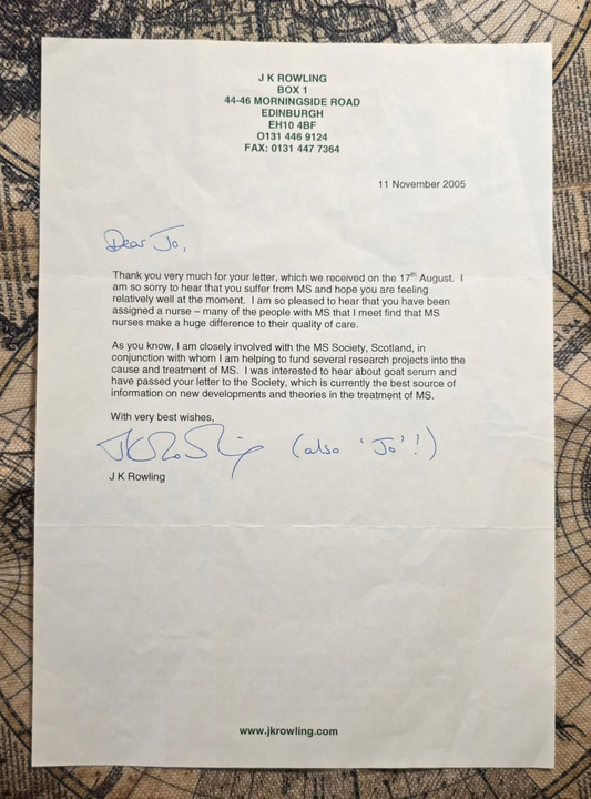 J.K. ROWLING – A deeply personal Typed Letter Signed (TLS) relating to Multiple Sclerosis (2005